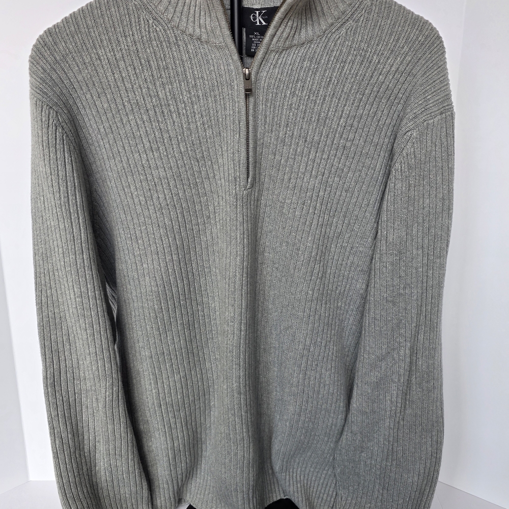Calvin Klein Light Gray Ribbed Half-Zip Mock Neck Sweater